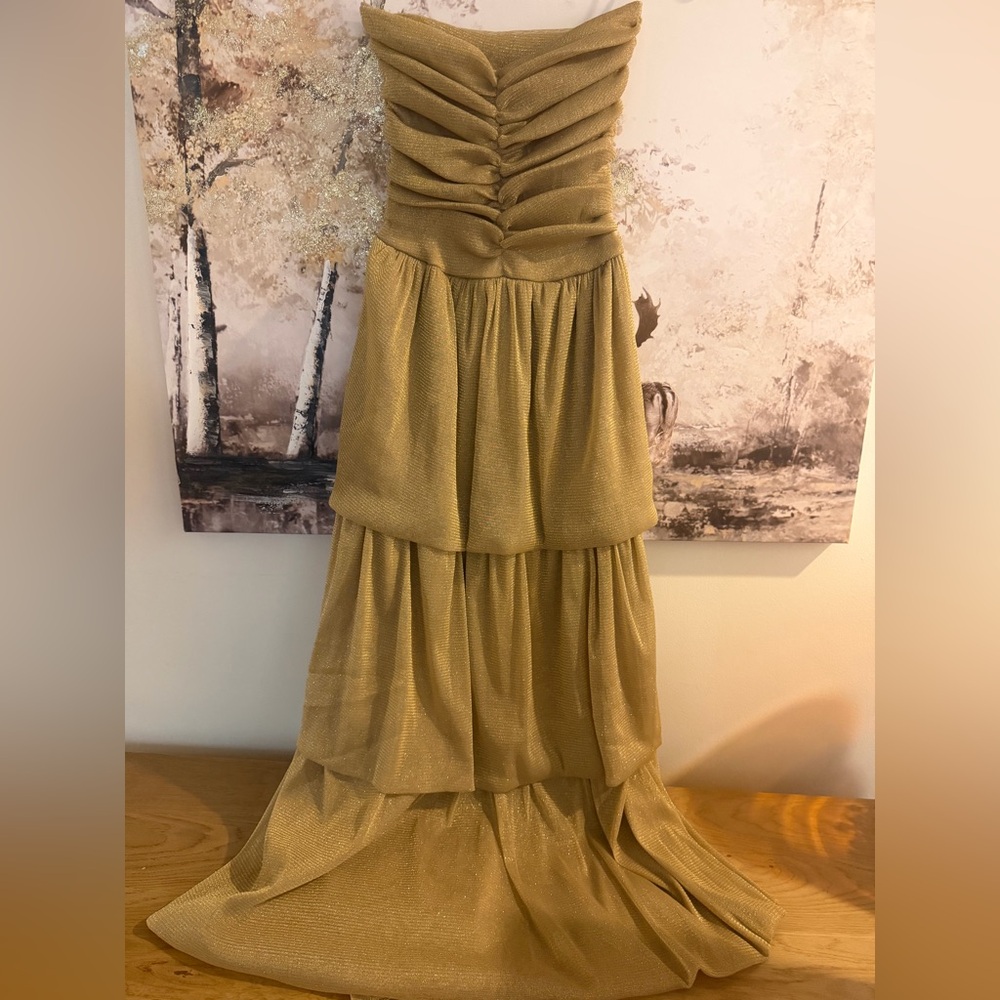 Strapless Tiered Gold Shimmer Dress – Elegant Party Dress